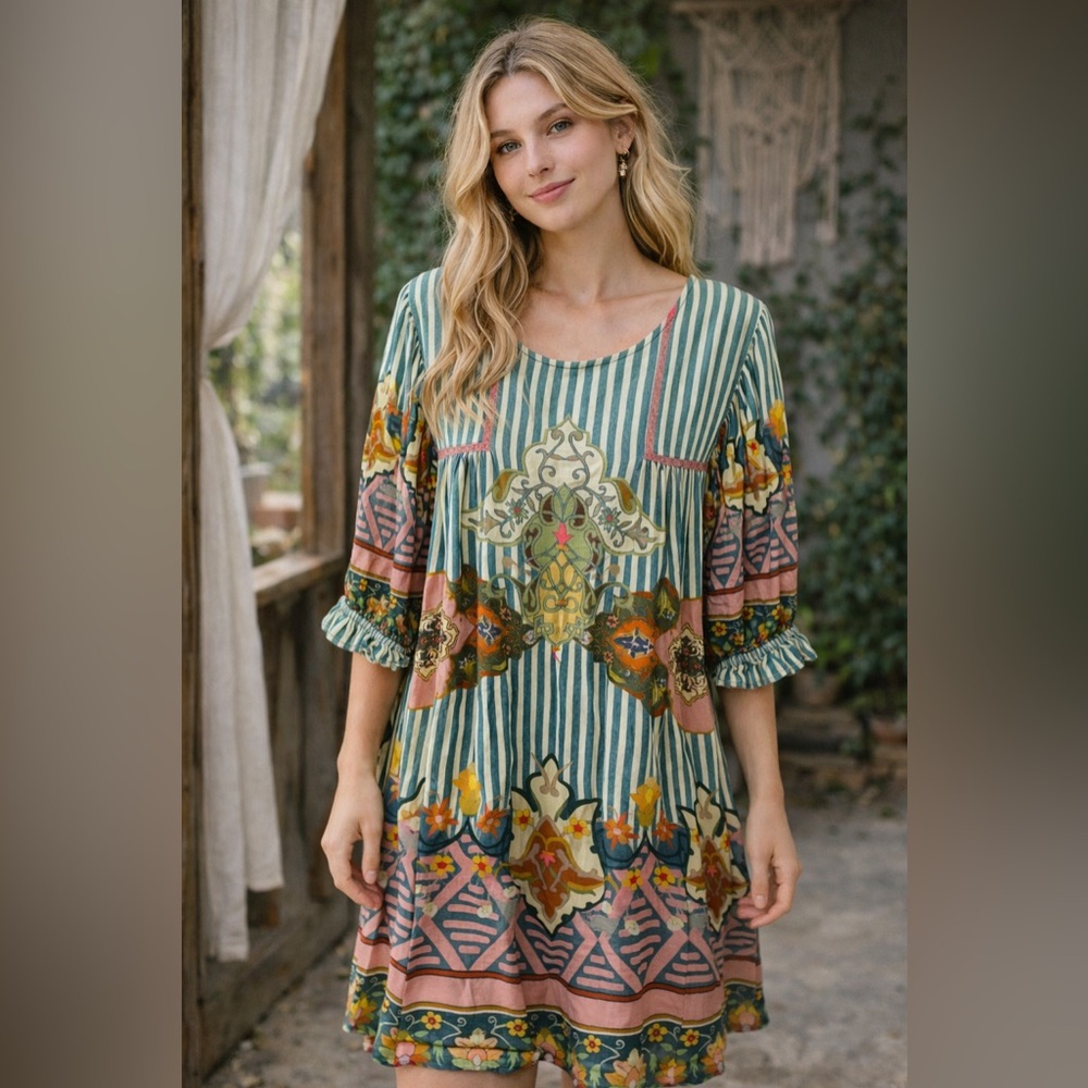 Boho Floral Stripe Midi Dress in Green and Pink